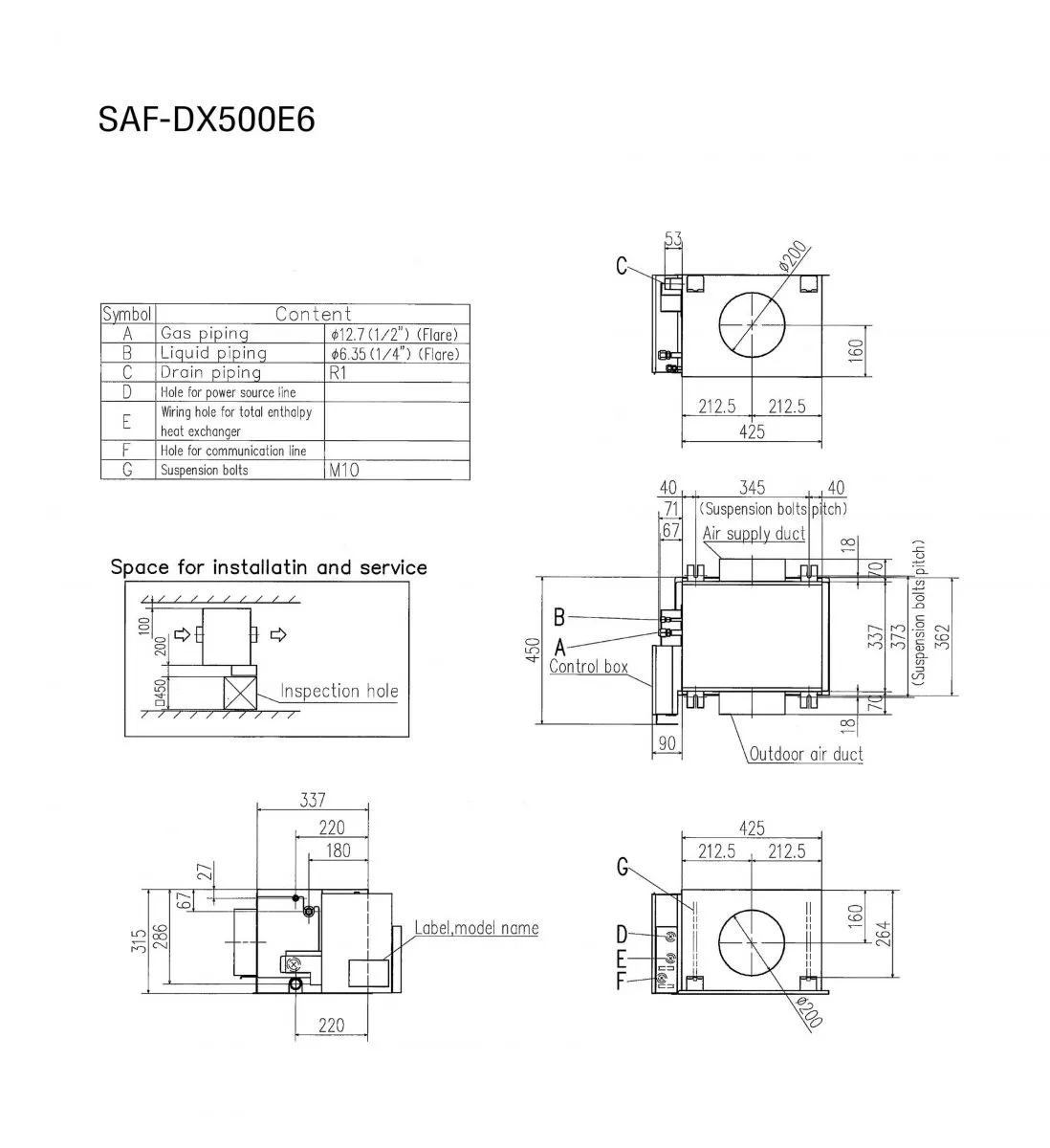 SAF-DX500E6 taze hava DX ünitesi ölçü çizimi