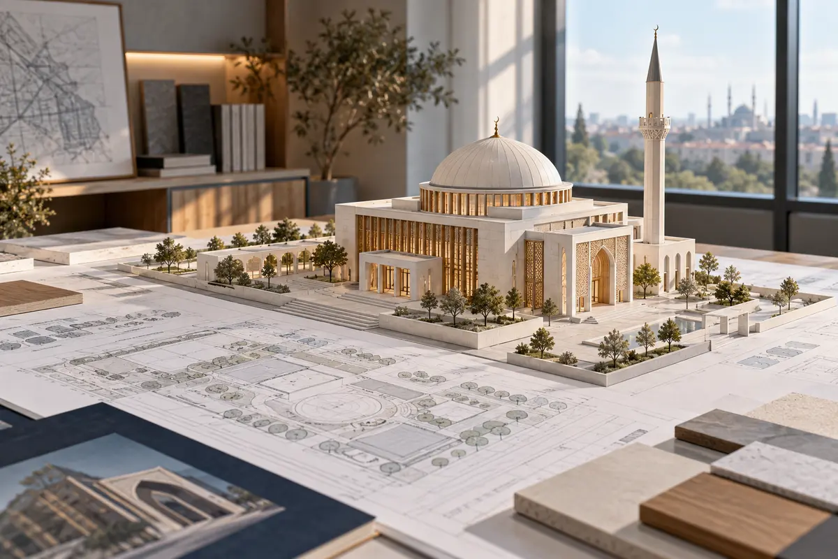 Cami maketi ve mimari planlarla VRF proje planlamasını anlatan temsili görsel