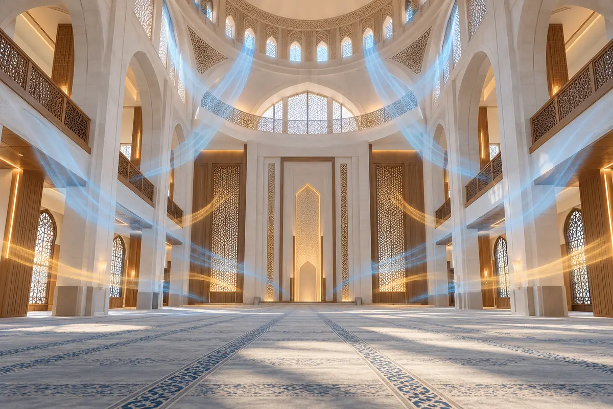 Yüksek tavanlı bir cami iç mekânında hava dağılımını gösteren temsili görsel