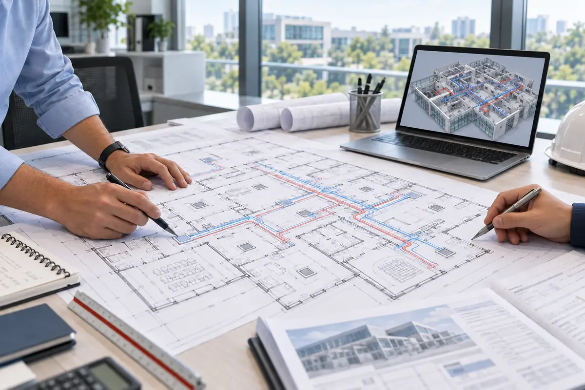 Mimari plan üzerinde VRF borulama güzergâhlarının çalışıldığı temsili projelendirme görseli